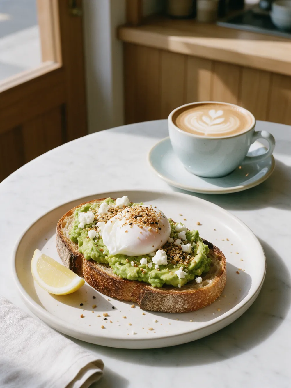 Smashed avocado on sourdough with feta, dukkah and a poached egg, a flat white beside it.