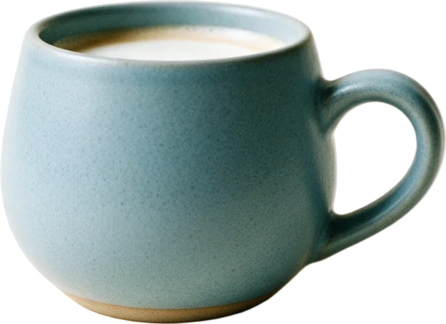 A pale blue cup of flat white on the marble counter, which gets knocked over as you scroll.