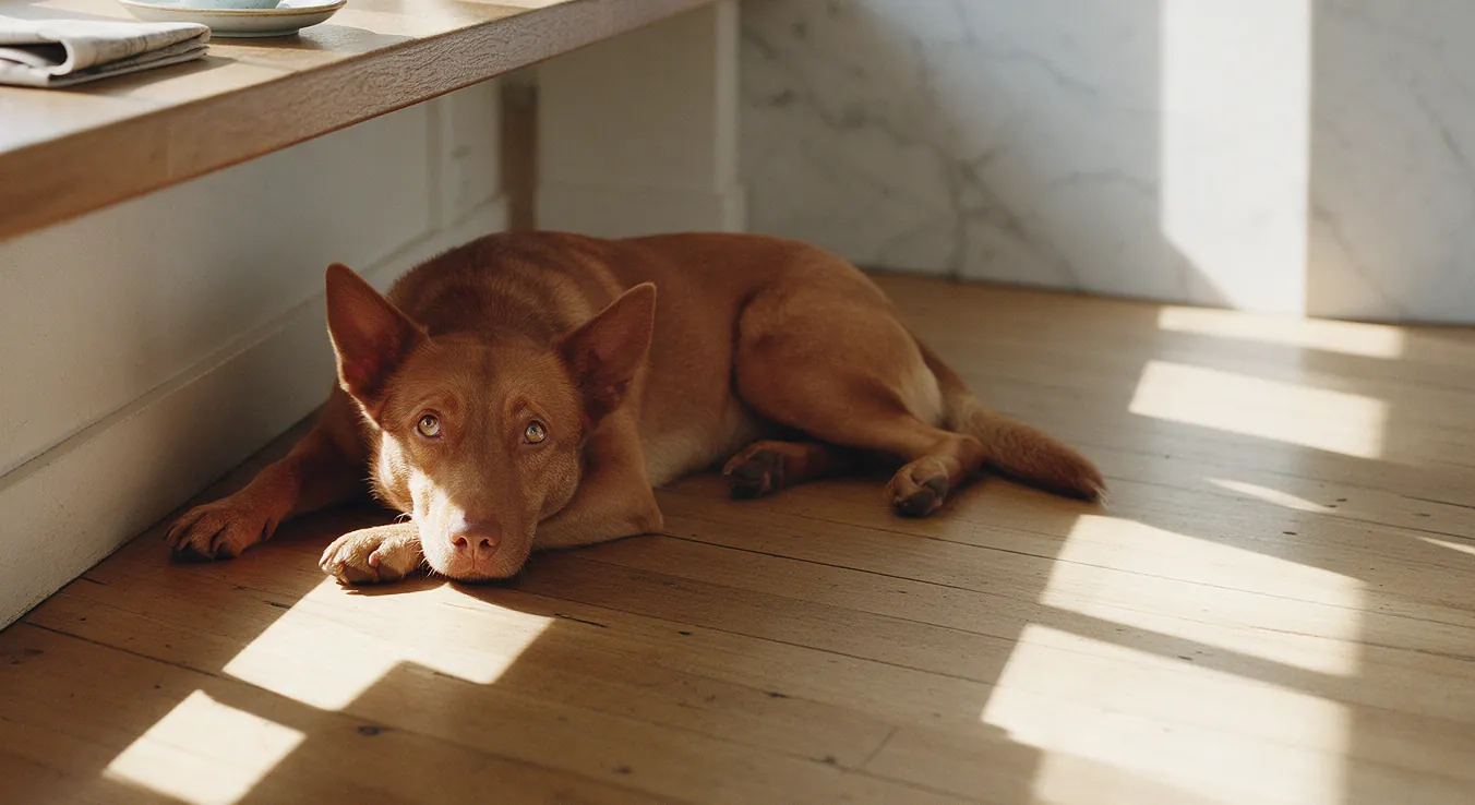 A red kelpie lying in the morning sun under the café's window bench.